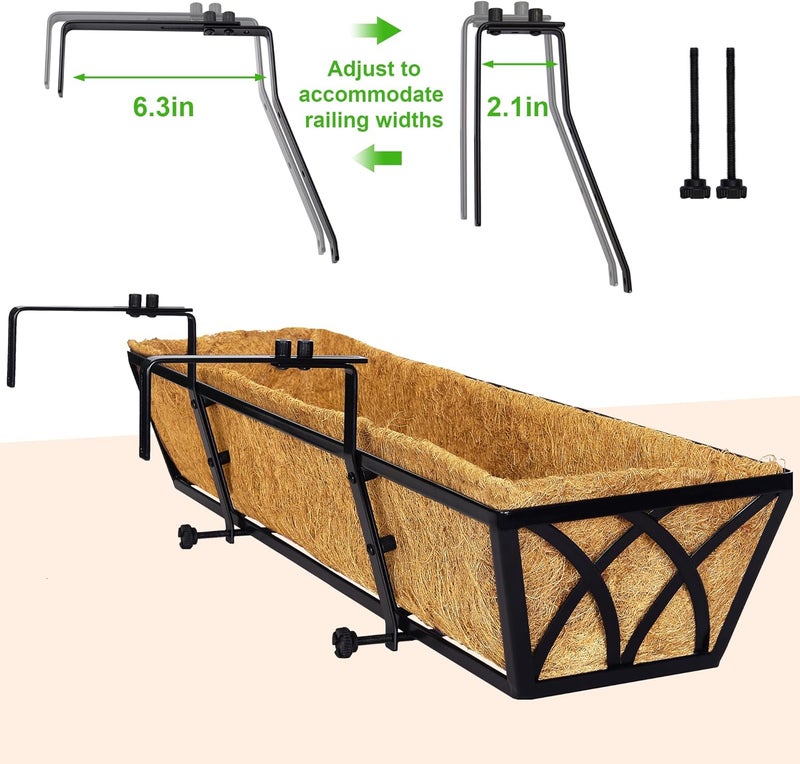 YM 24 Inch Fence Metal Hanging Flower Planter Window Basket Deck Railing Planter Boxes for Outdoor Garden Lawn， Window Deck with Coco Liner,6pcs - Image 4